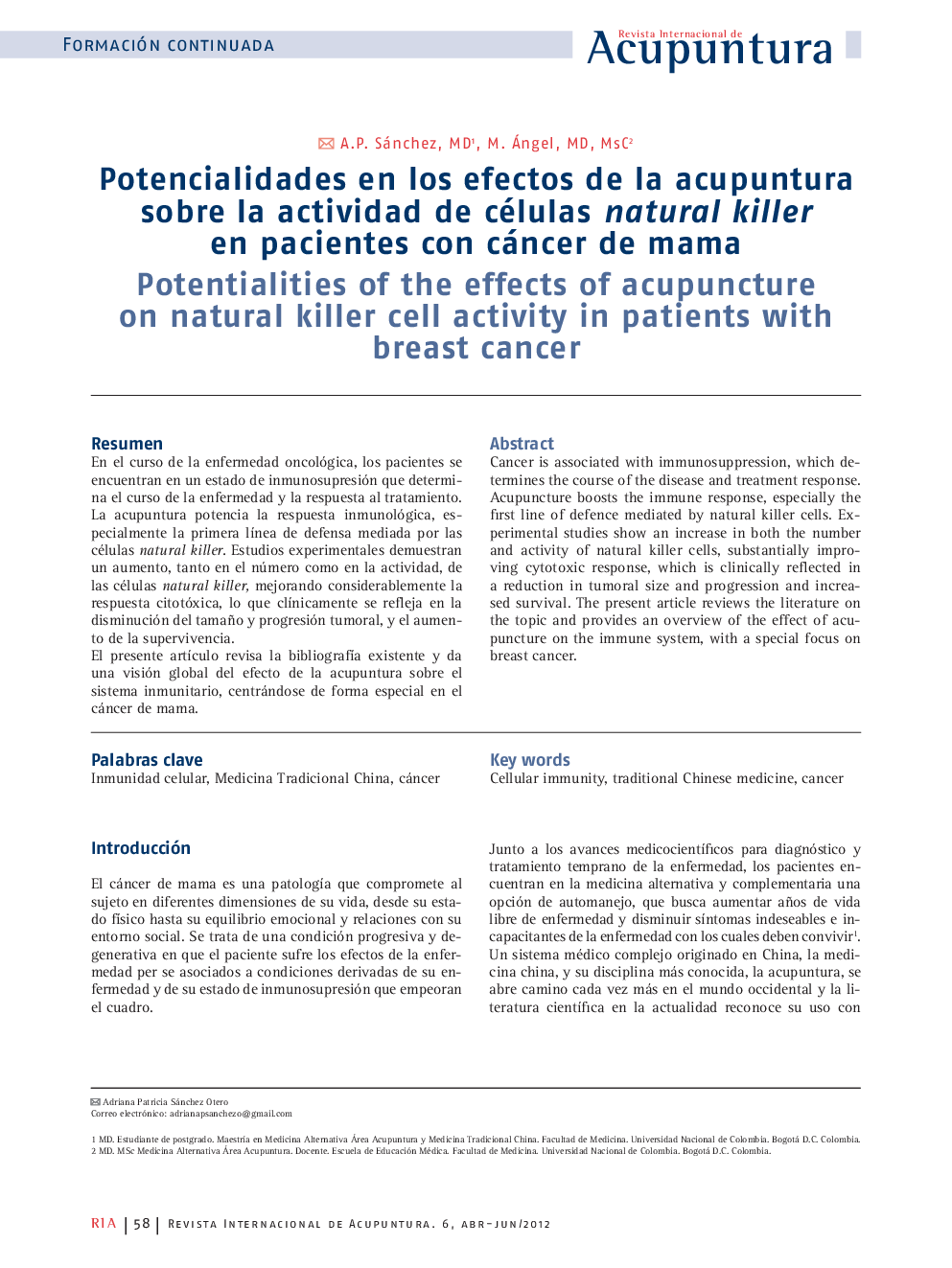 Potencialidades en los efectos de la acupuntura sobre la actividad de células natural killer en pacientes con cáncer de mama