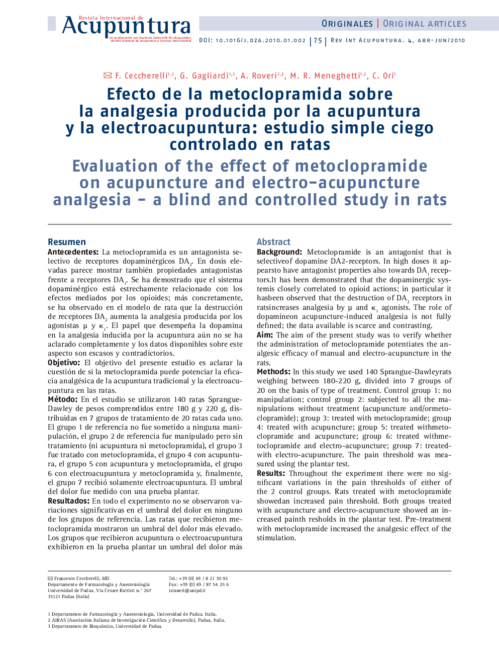 Efecto de la metoclopramida sobre la analgesia producida por la acupuntura y la electroacupuntura: estudio simple ciego controlado en ratas