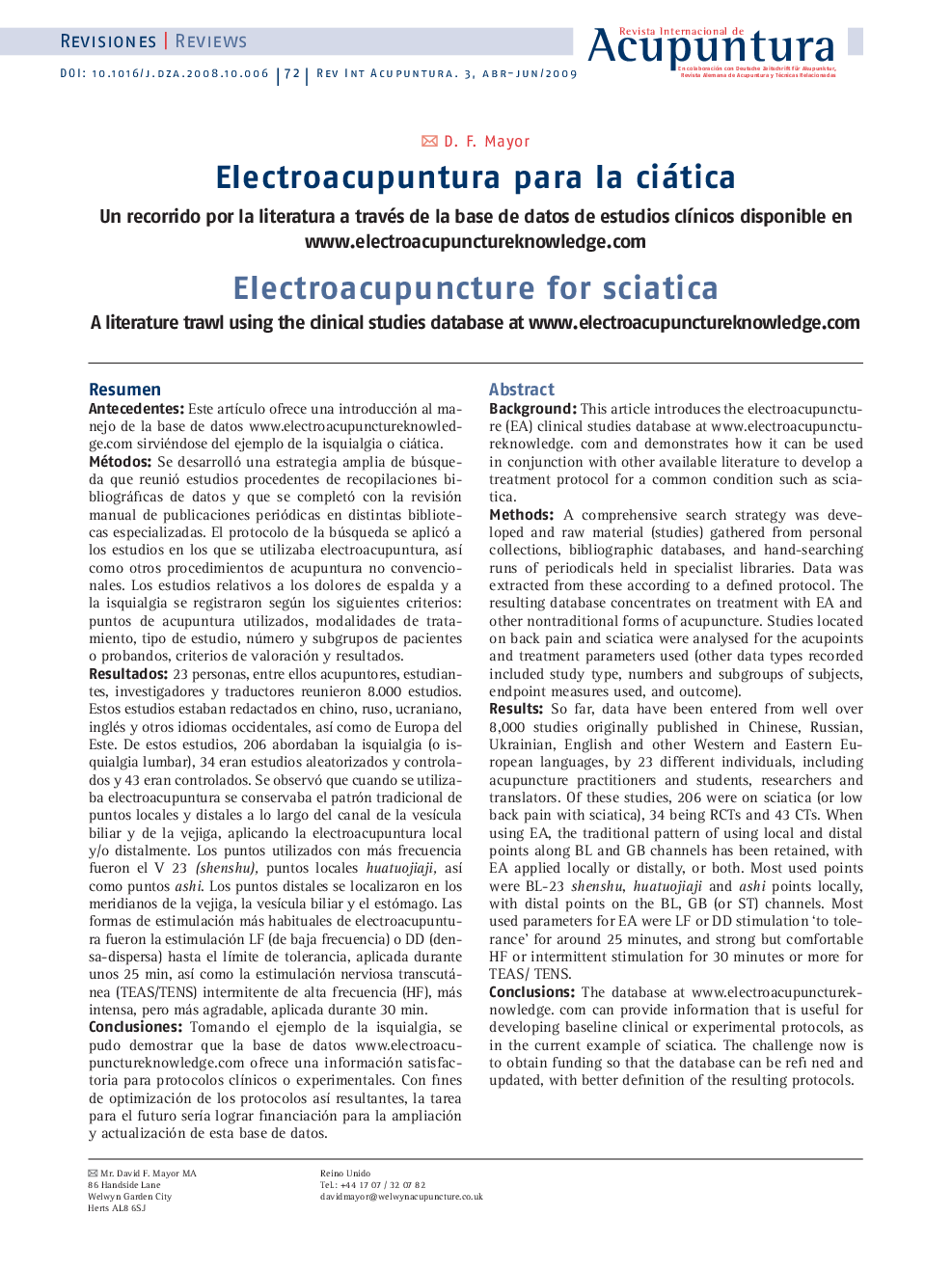 Electroacupuntura para la ciática: Un recorrido por la literatura a través de la base de datos de estudios clínicos disponible en www.electroacupunctureknowledge.com