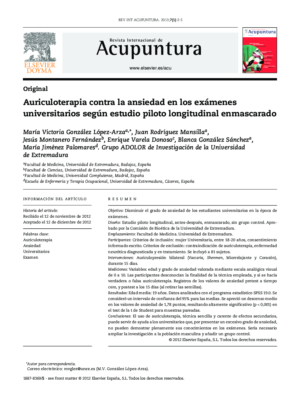 Auriculoterapia contra la ansiedad en los exámenes universitarios según estudio piloto longitudinal enmascarado