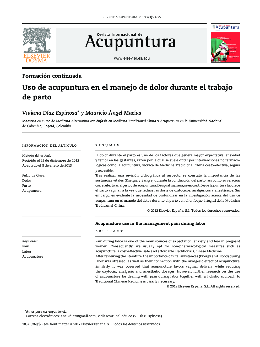 Uso de acupuntura en el manejo de dolor durante el trabajo de parto