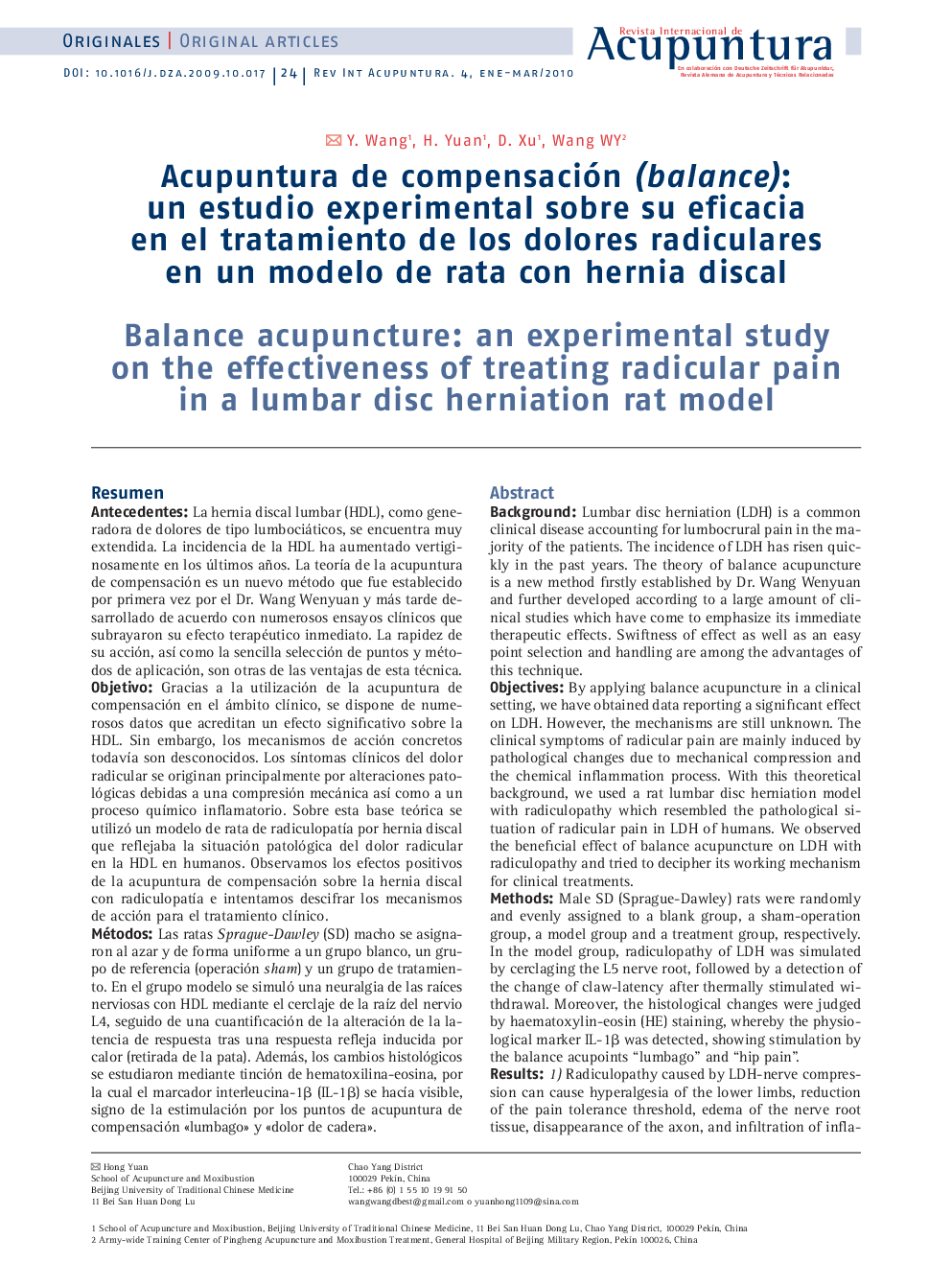 Acupuntura de compensación (balance): un estudio experimental sobre su eficacia en el tratamiento de los dolores radiculares en un modelo de rata con hernia discal