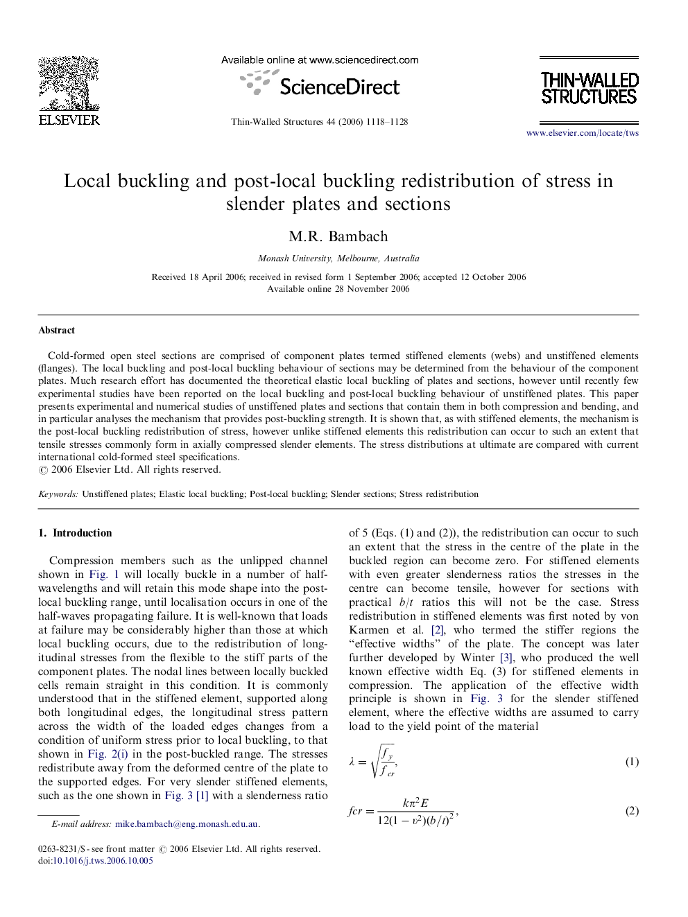 Local buckling and post-local buckling redistribution of stress in slender plates and sections