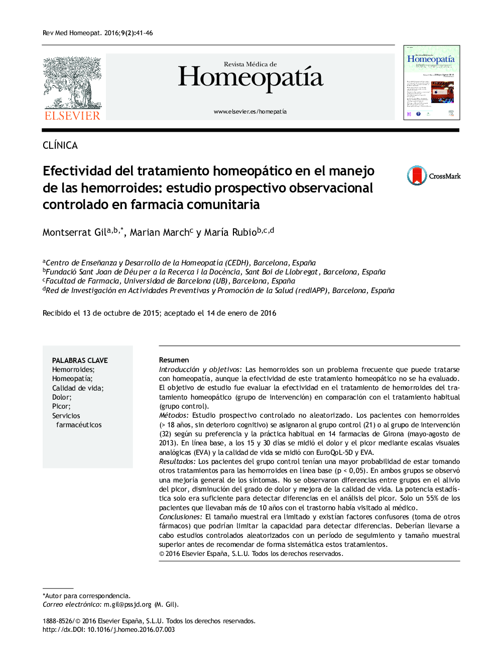Efectividad del tratamiento homeopático en el manejo de las hemorroides: estudio prospectivo observacional controlado en farmacia comunitaria