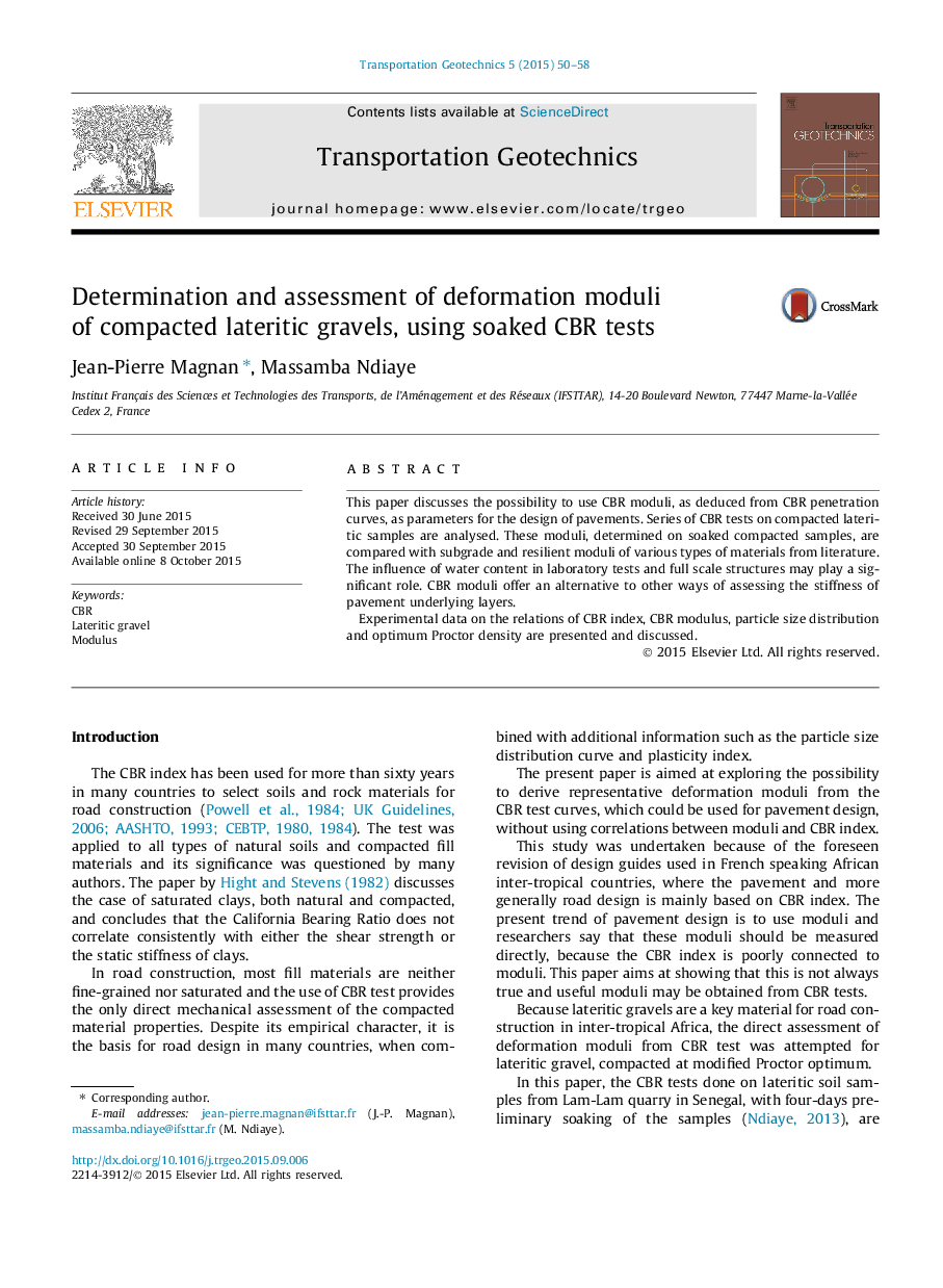 Determination and assessment of deformation moduli of compacted lateritic gravels, using soaked CBR tests