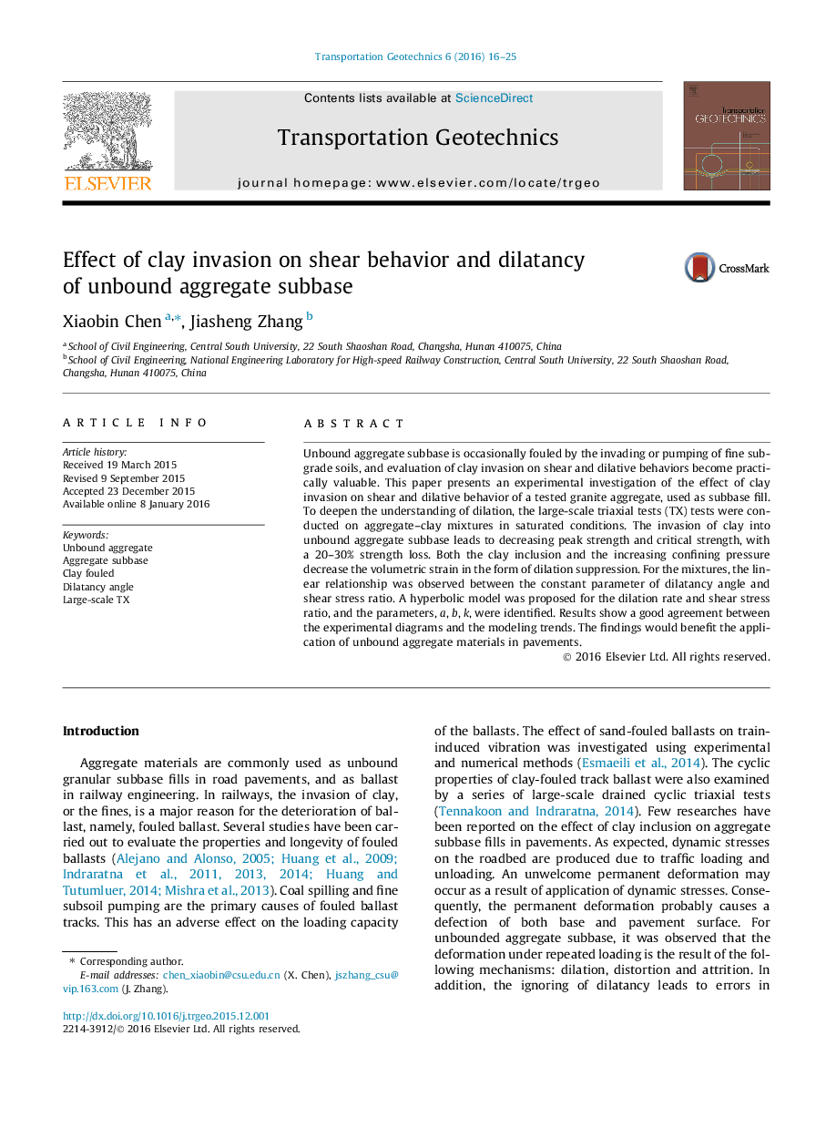 Effect of clay invasion on shear behavior and dilatancy of unbound aggregate subbase