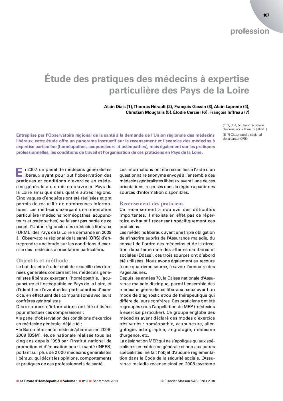 Ãtude des pratiques des médecins Ã  expertise particuliÃ¨re des Pays de la Loire