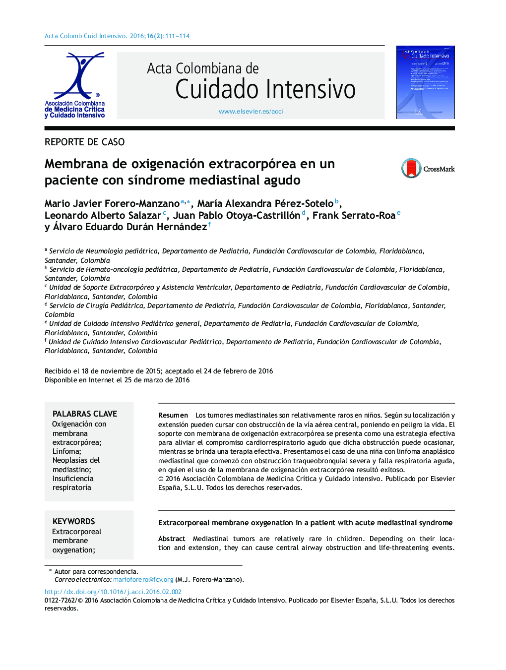 Membrana de oxigenación extracorpórea en un paciente con sÃ­ndrome mediastinal agudo