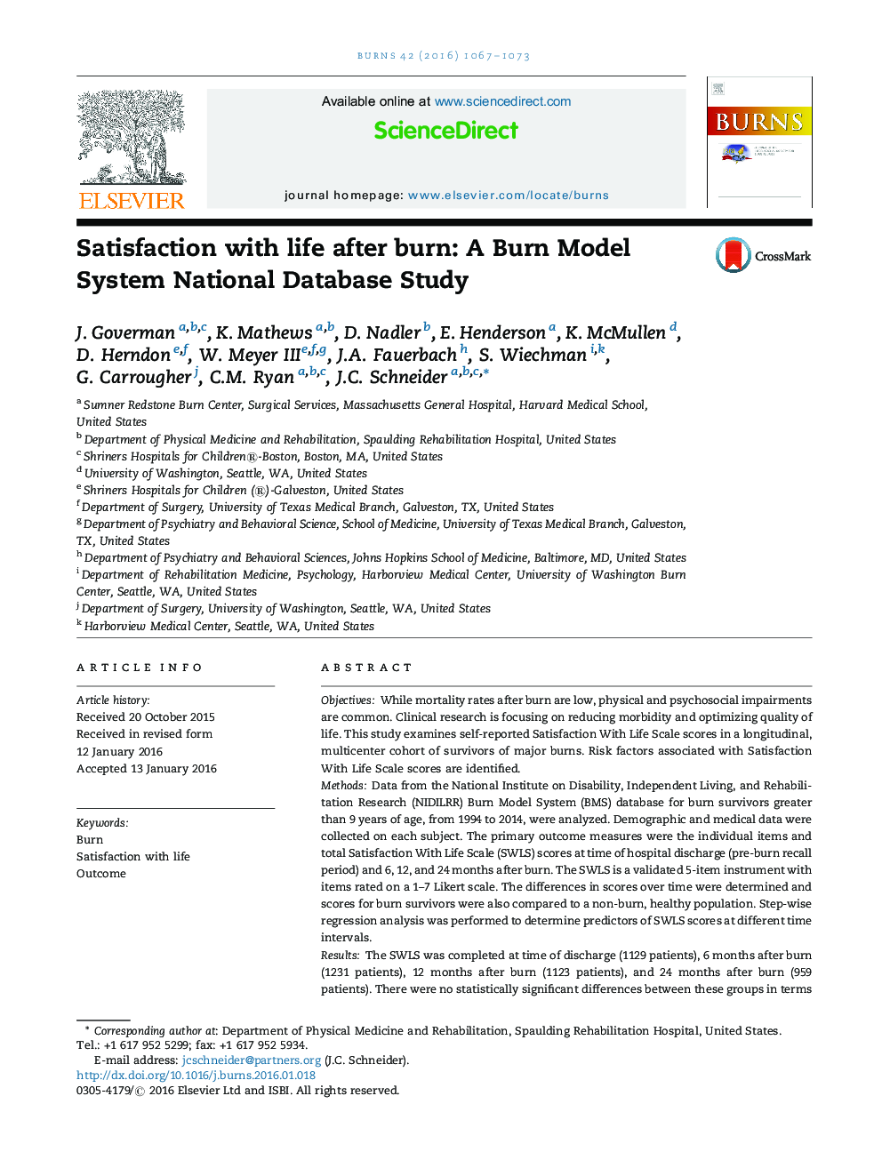 Satisfaction with life after burn: A Burn Model System National Database Study