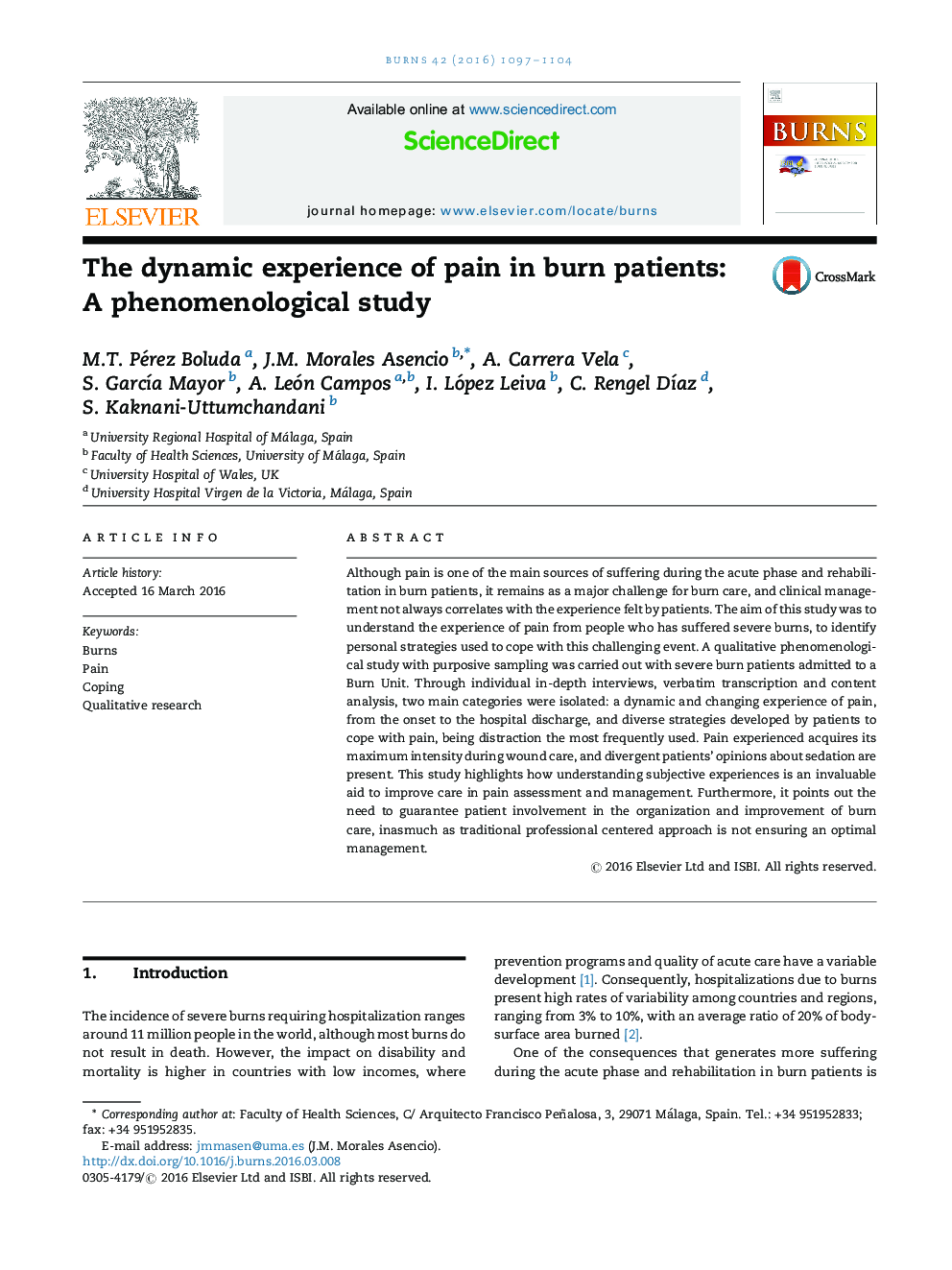 The dynamic experience of pain in burn patients: A phenomenological study