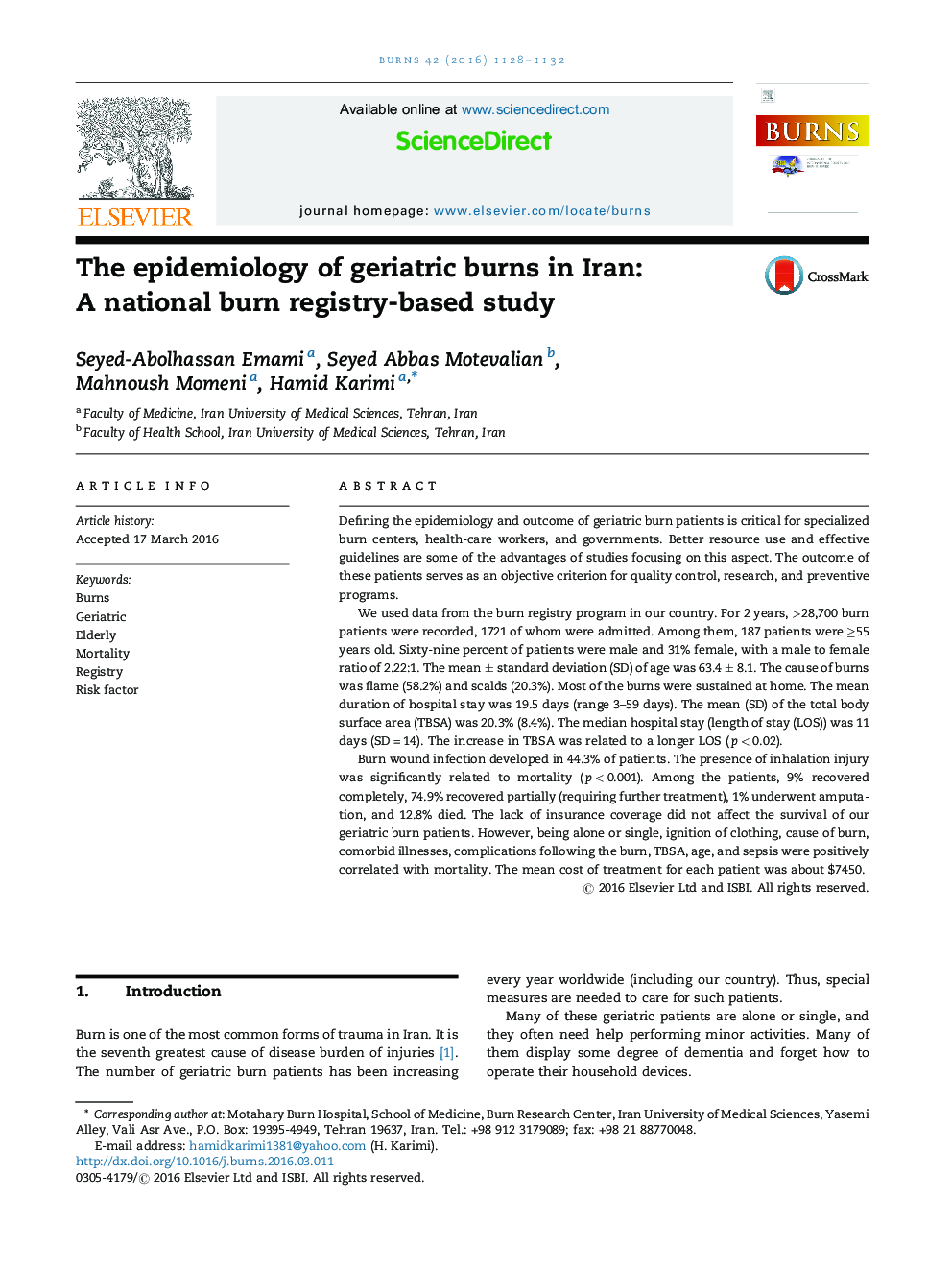 اپیدمیولوژی سوختگی سالمندان در ایران: مطالعه ملی مبتنی بر رجیستری سوختگی 