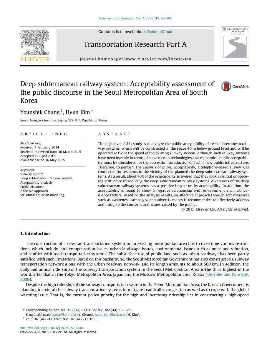 Deep subterranean railway system: Acceptability assessment of the public discourse in the Seoul Metropolitan Area of South Korea