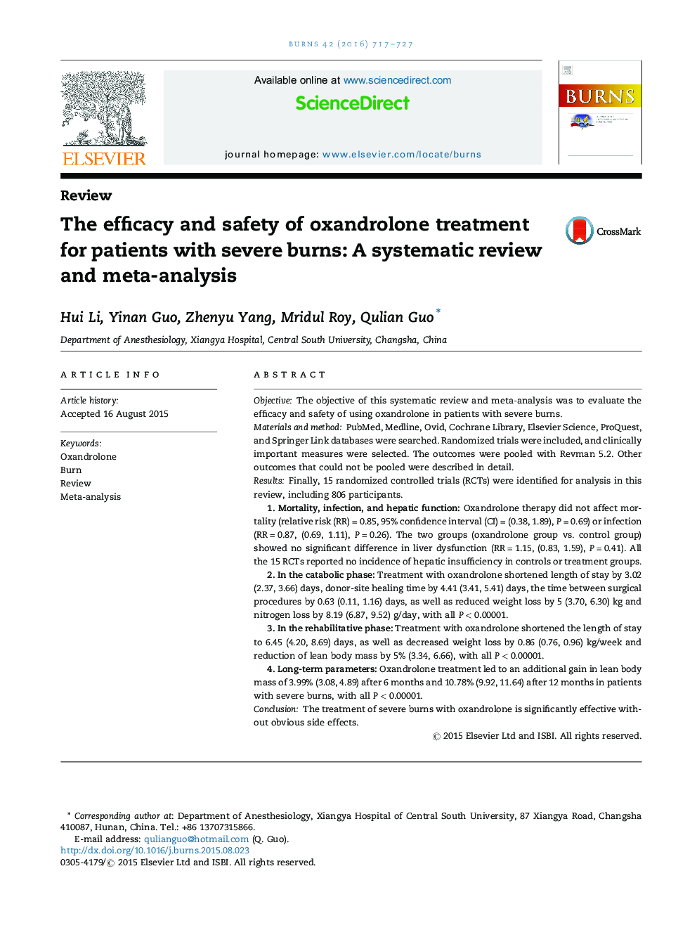 The efficacy and safety of oxandrolone treatment for patients with severe burns: A systematic review and meta-analysis