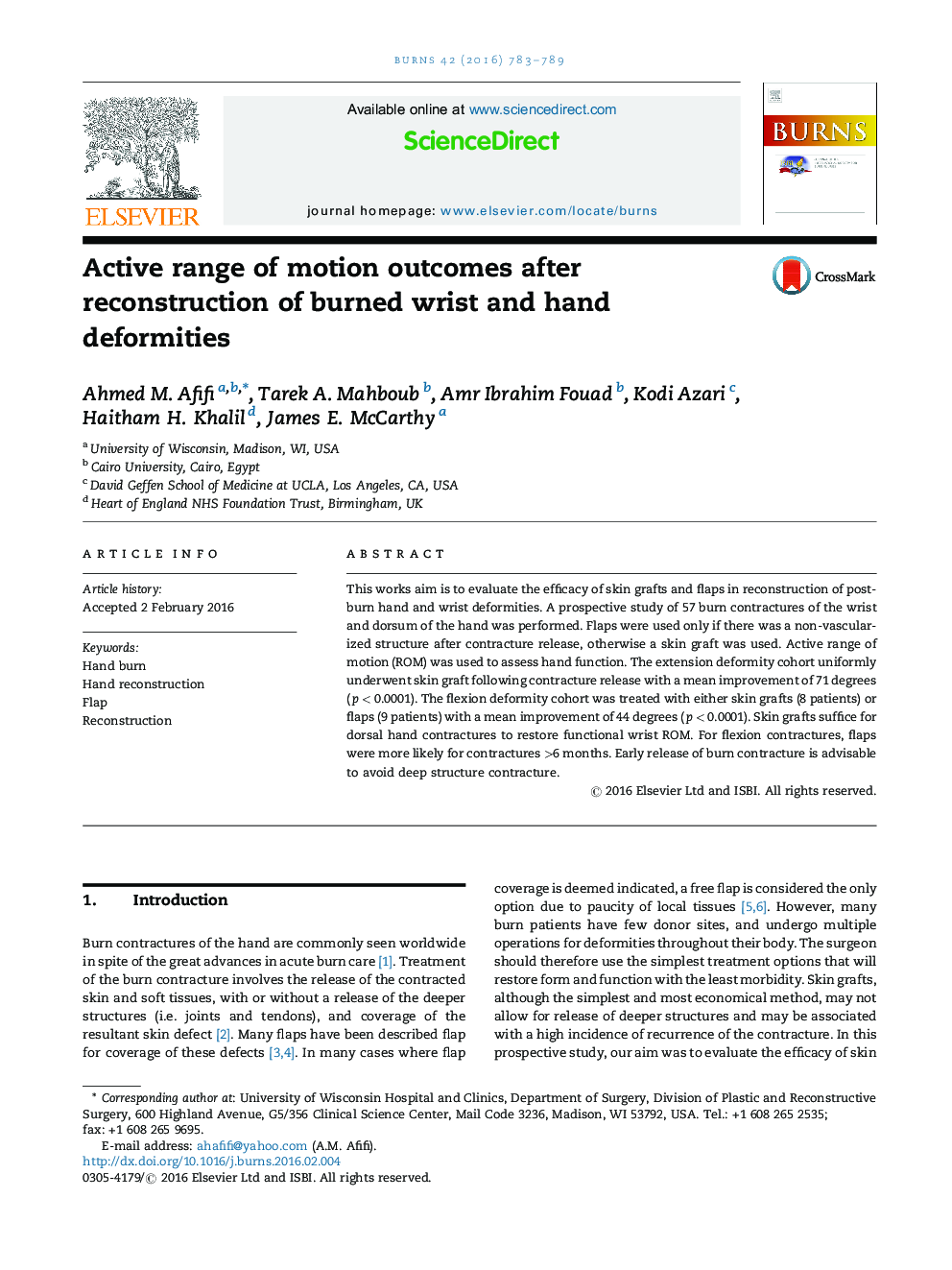 Active range of motion outcomes after reconstruction of burned wrist and hand deformities