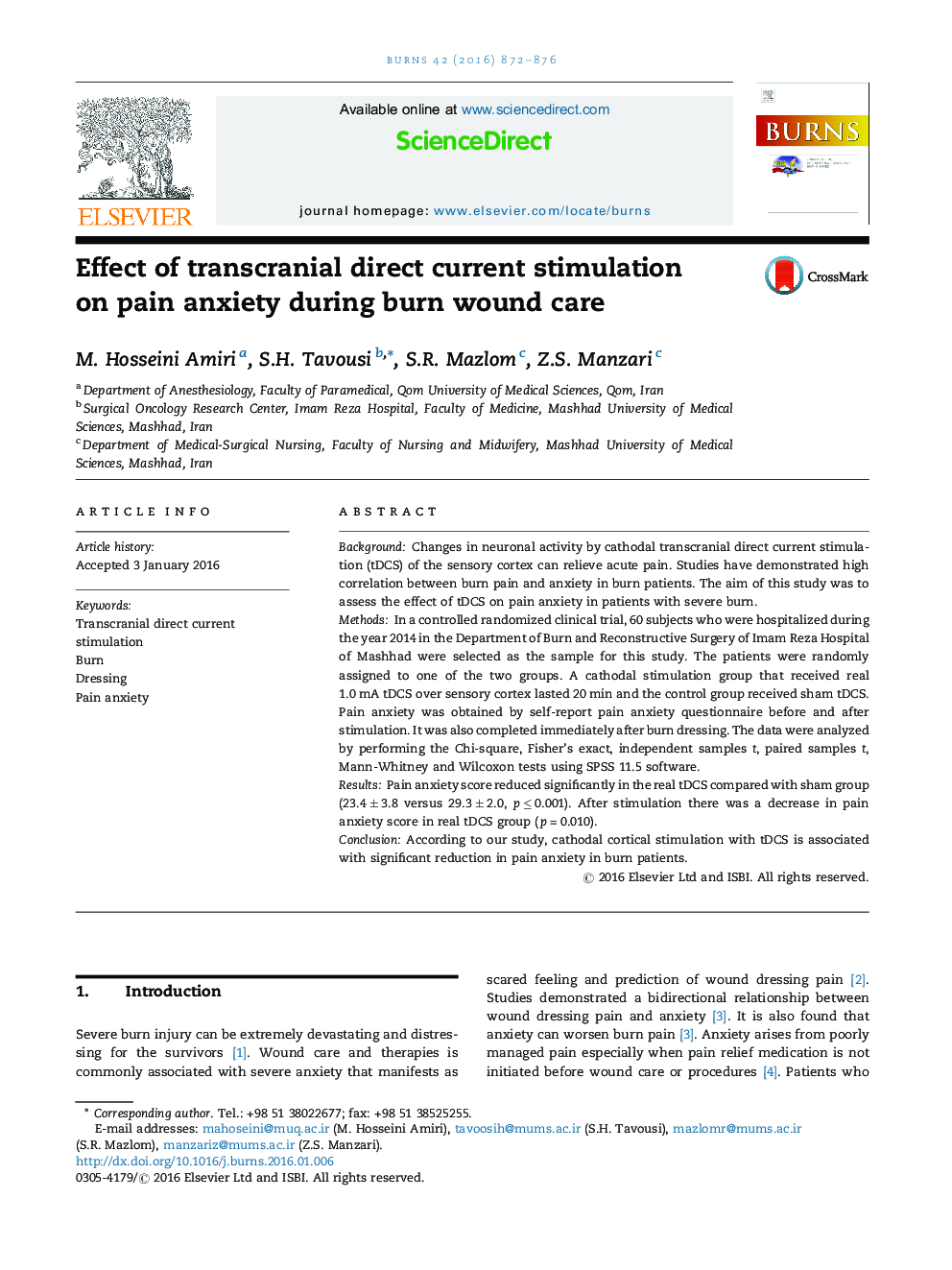 Effect of transcranial direct current stimulation on pain anxiety during burn wound care