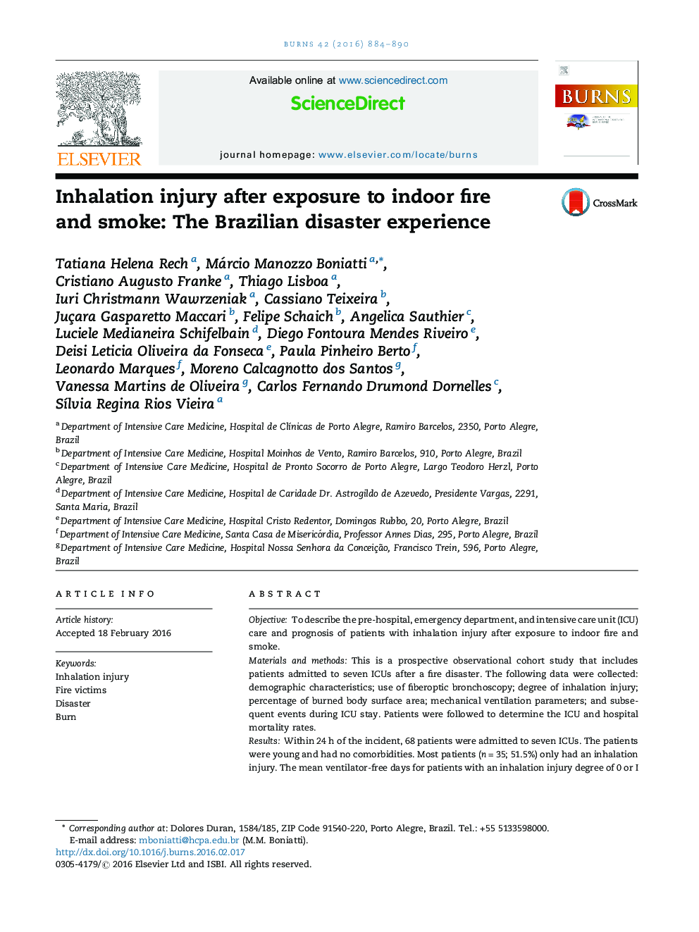 Inhalation injury after exposure to indoor fire and smoke: The Brazilian disaster experience