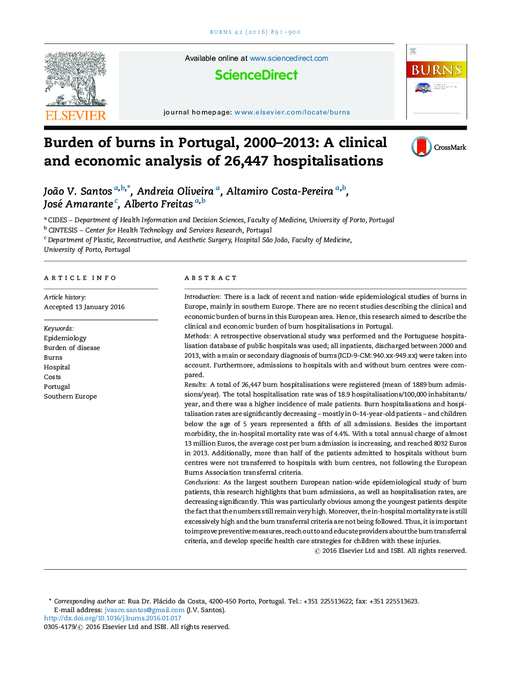 بار سوختگی در پرتغال، 2000-2013: یک تجزیه و تحلیل بالینی و اقتصادی از 26477 بیمار بستری شده