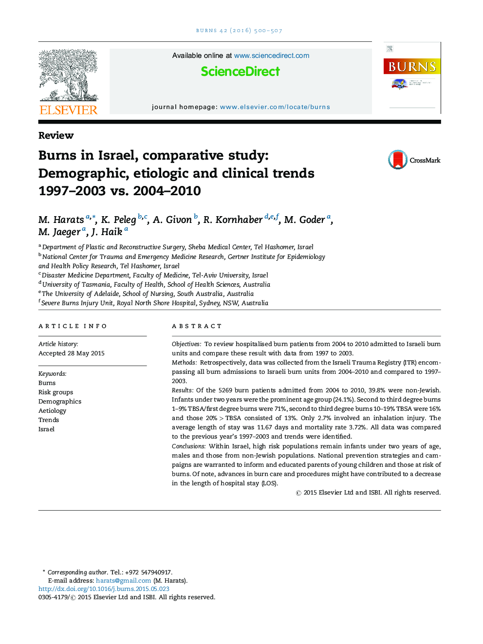 Burns in Israel, comparative study: Demographic, etiologic and clinical trends 1997–2003 vs. 2004–2010