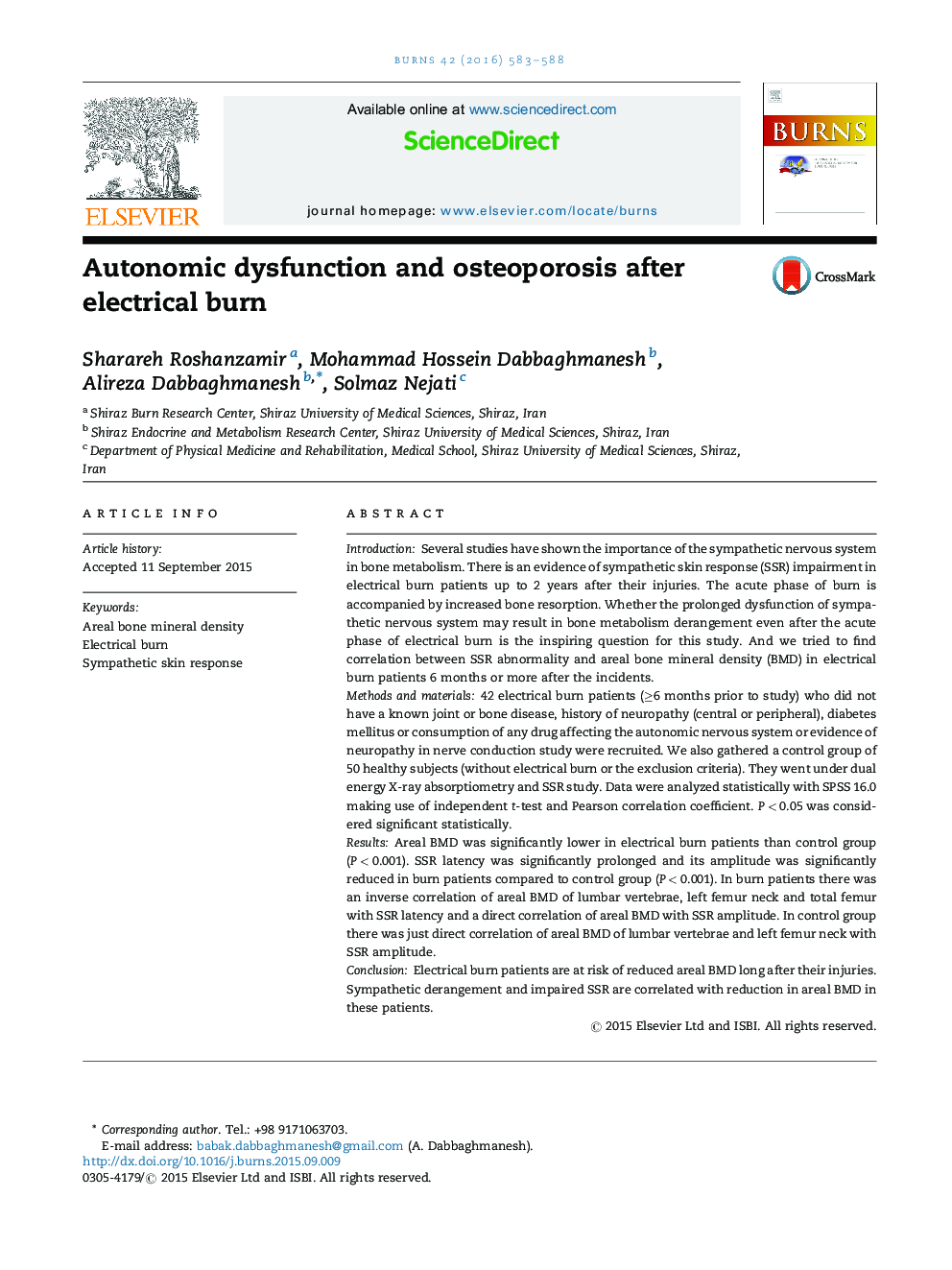 Autonomic dysfunction and osteoporosis after electrical burn