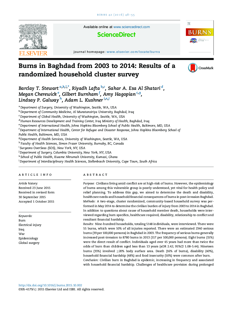 سوختگی در بغداد از سال 2003 تا 2014: نتایج یک مطالعه خوشه بندی خانگی تصادفی