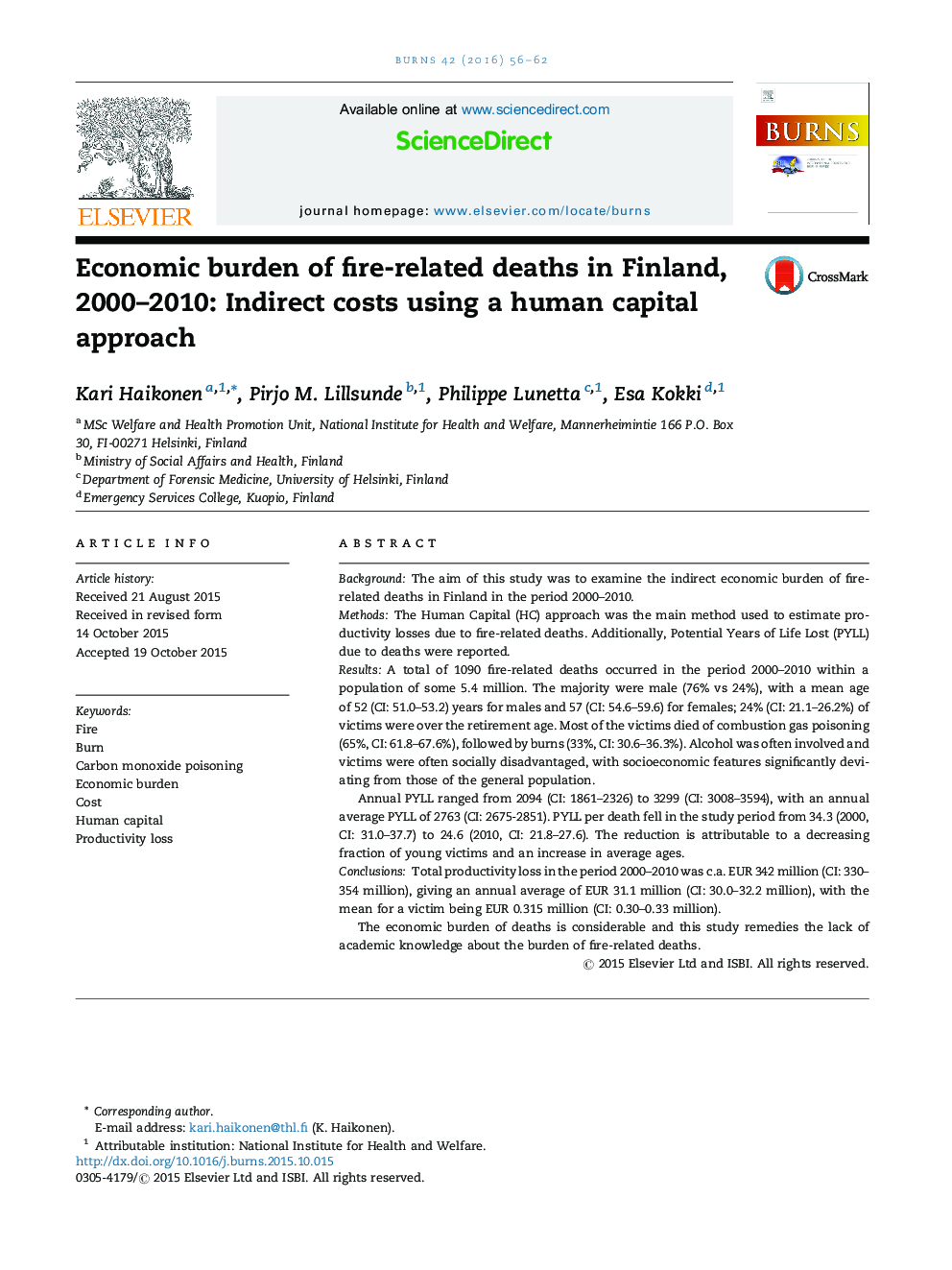 بار اقتصادی از مرگ و میر مرتبط با آتش سوزی در فنلاند، 2000-2010: هزینه های غیر مستقیم با استفاده از رویکرد سرمایه انسانی 