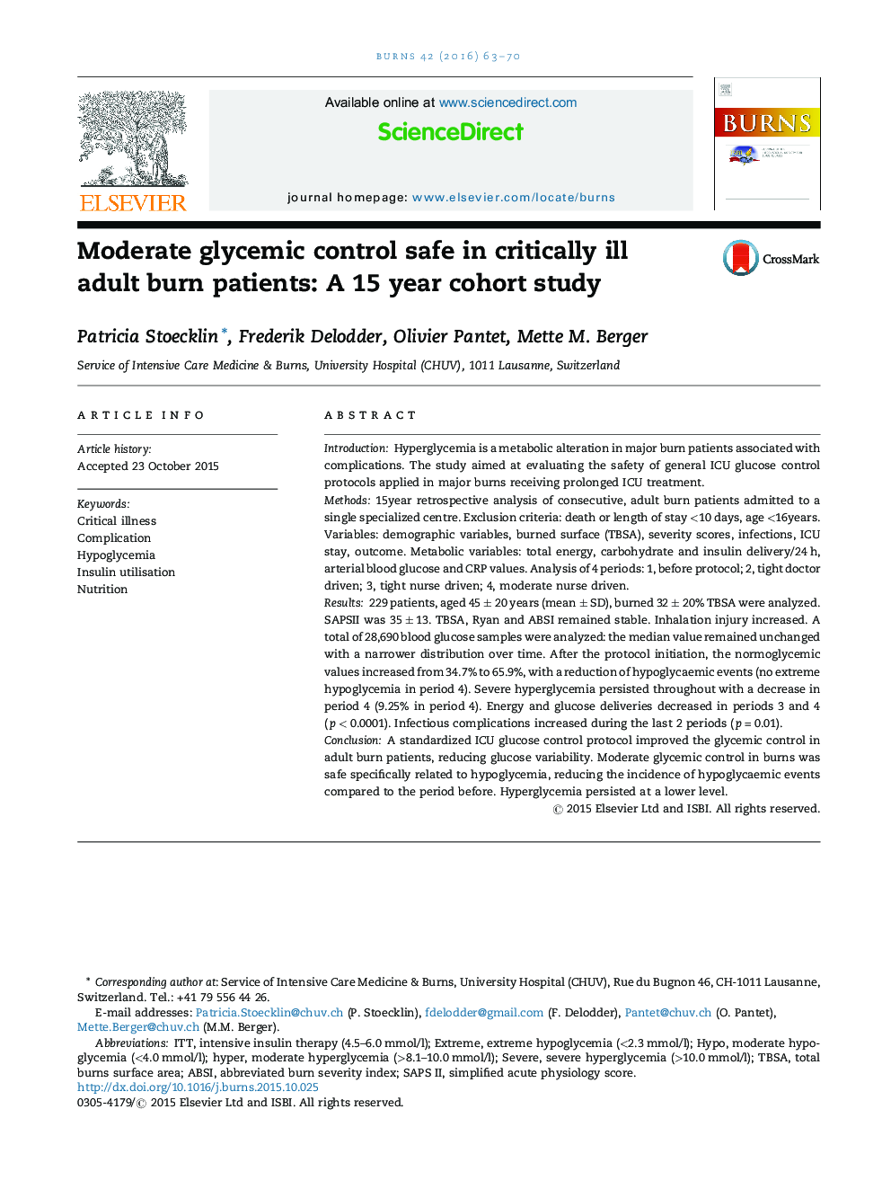 Moderate glycemic control safe in critically ill adult burn patients: A 15 year cohort study