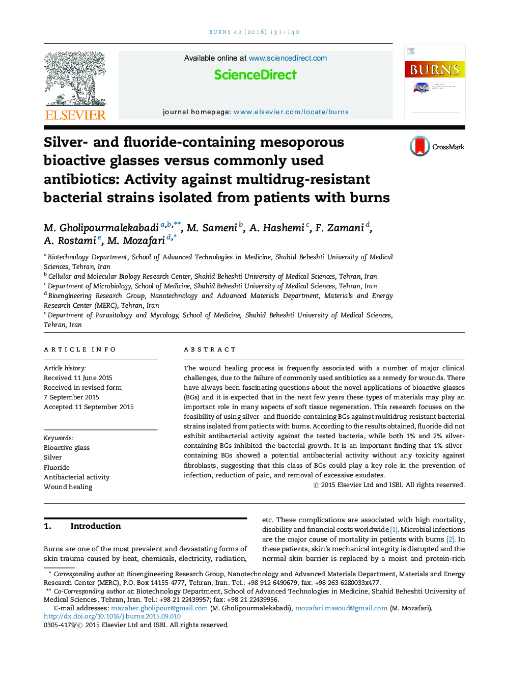Silver- and fluoride-containing mesoporous bioactive glasses versus commonly used antibiotics: Activity against multidrug-resistant bacterial strains isolated from patients with burns