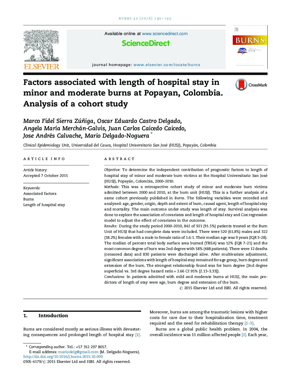 Factors associated with length of hospital stay in minor and moderate burns at Popayan, Colombia. Analysis of a cohort study