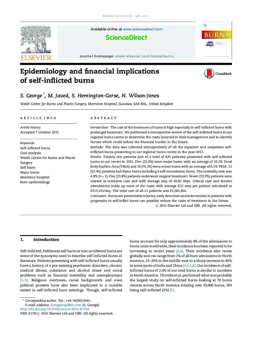 Epidemiology and financial implications of self-inflicted burns