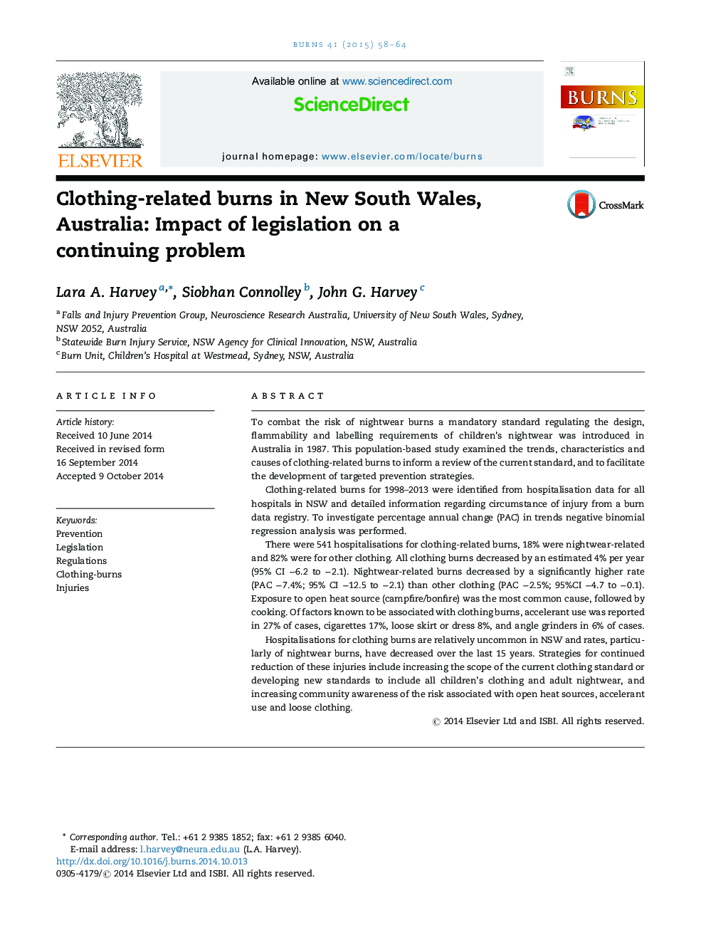 Clothing-related burns in New South Wales, Australia: Impact of legislation on a continuing problem