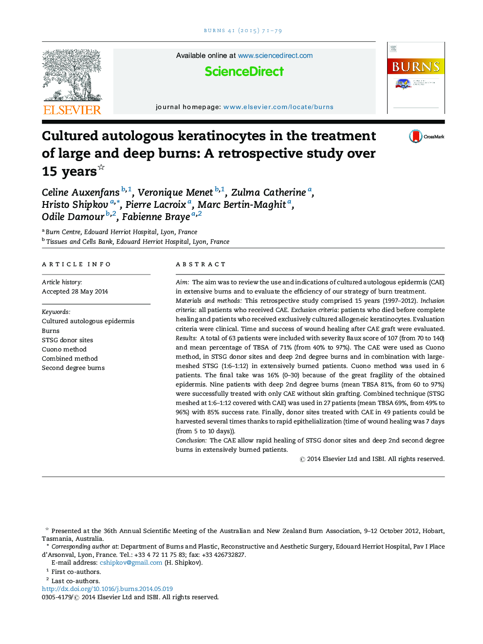 Cultured autologous keratinocytes in the treatment of large and deep burns: A retrospective study over 15 years 