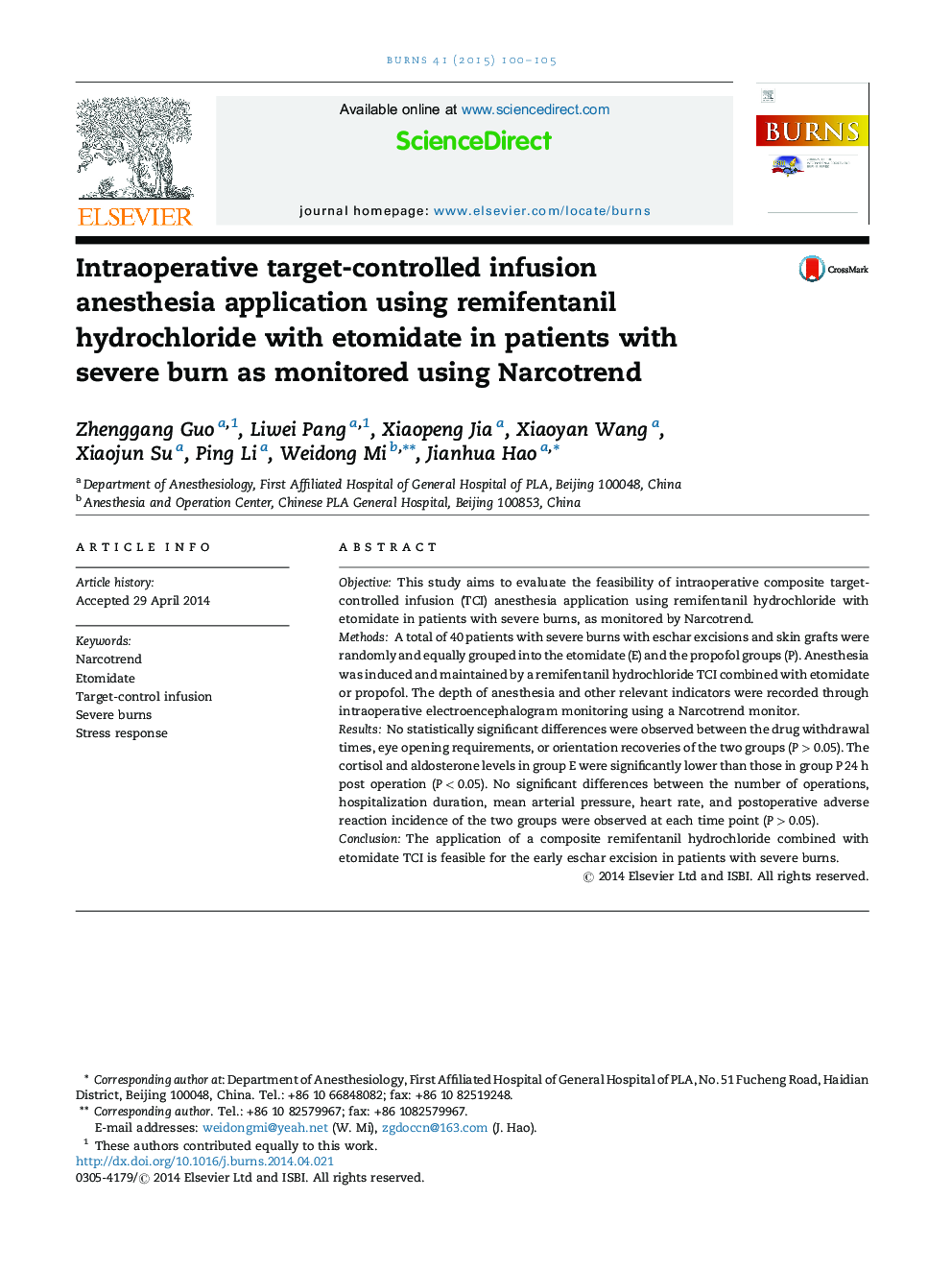 Intraoperative target-controlled infusion anesthesia application using remifentanil hydrochloride with etomidate in patients with severe burn as monitored using Narcotrend