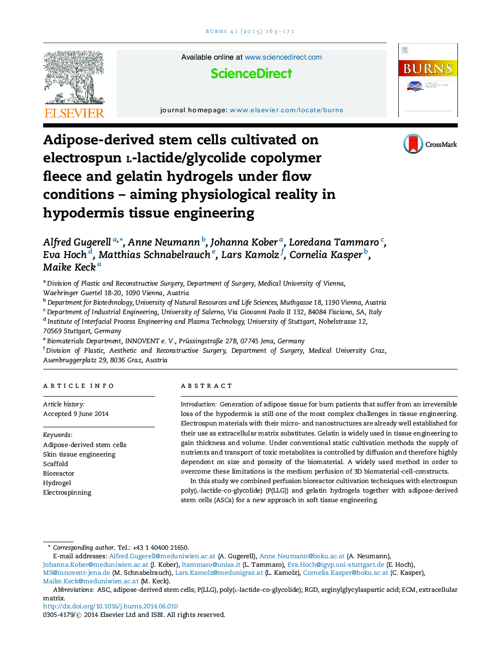 Adipose-derived stem cells cultivated on electrospun l-lactide/glycolide copolymer fleece and gelatin hydrogels under flow conditions – aiming physiological reality in hypodermis tissue engineering