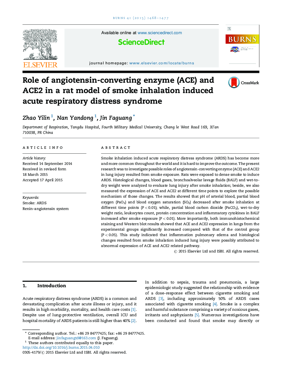 Role of angiotensin-converting enzyme (ACE) and ACE2 in a rat model of smoke inhalation induced acute respiratory distress syndrome