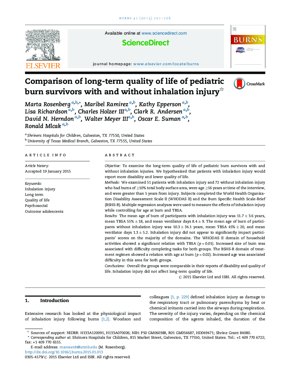 Comparison of long-term quality of life of pediatric burn survivors with and without inhalation injury 