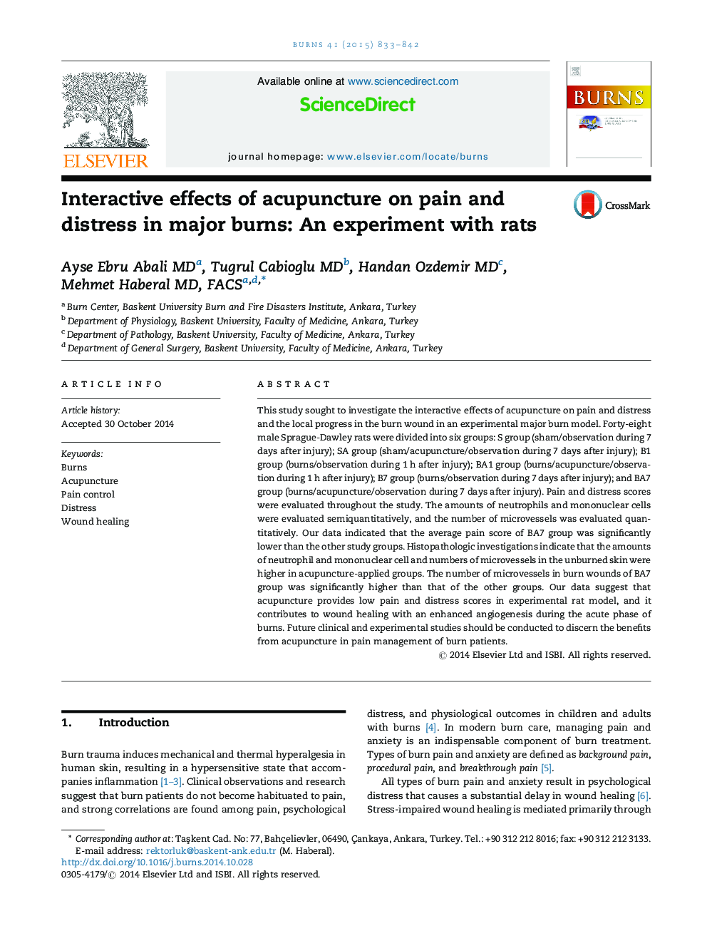 Interactive effects of acupuncture on pain and distress in major burns: An experiment with rats