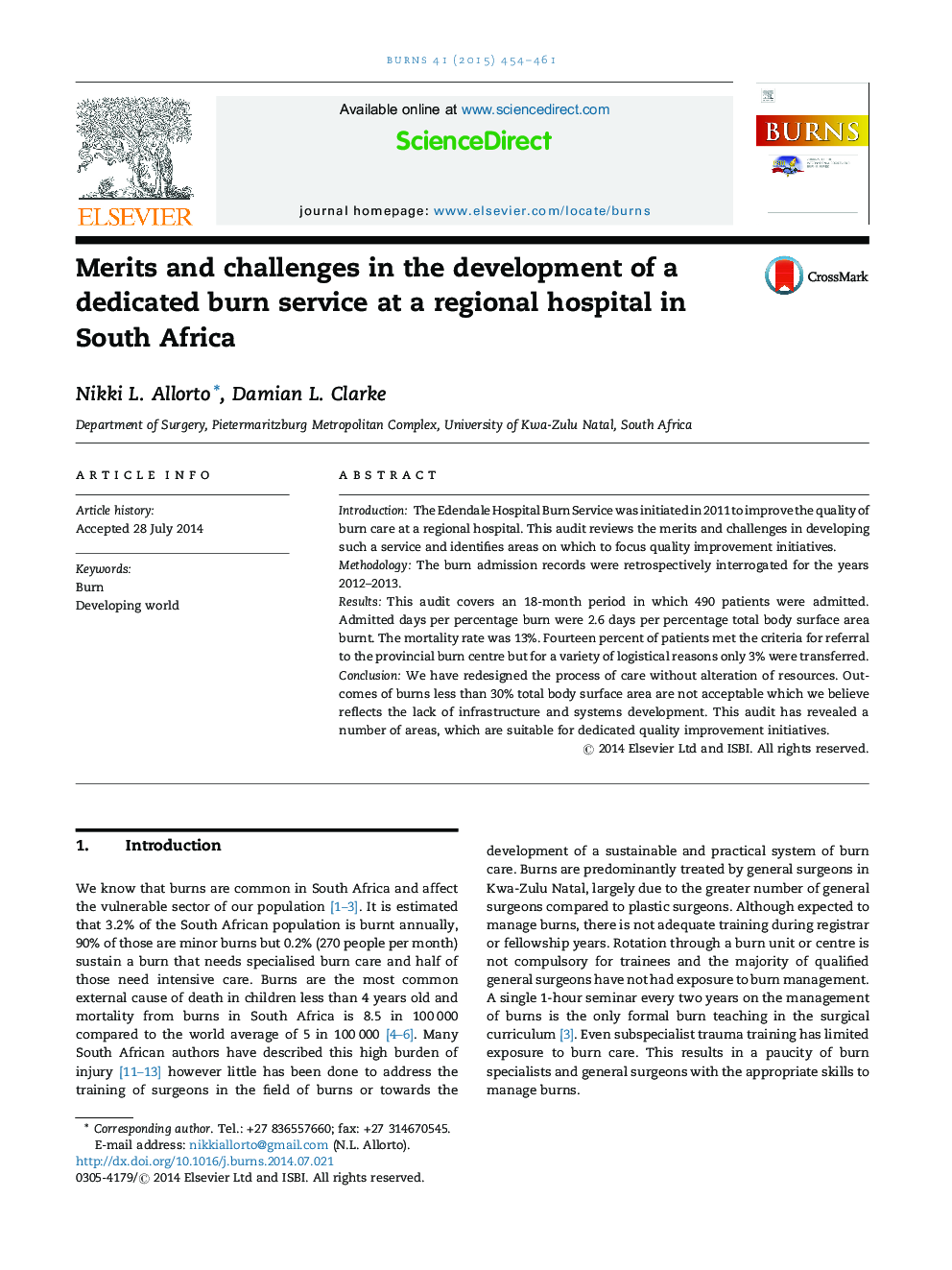 Merits and challenges in the development of a dedicated burn service at a regional hospital in South Africa