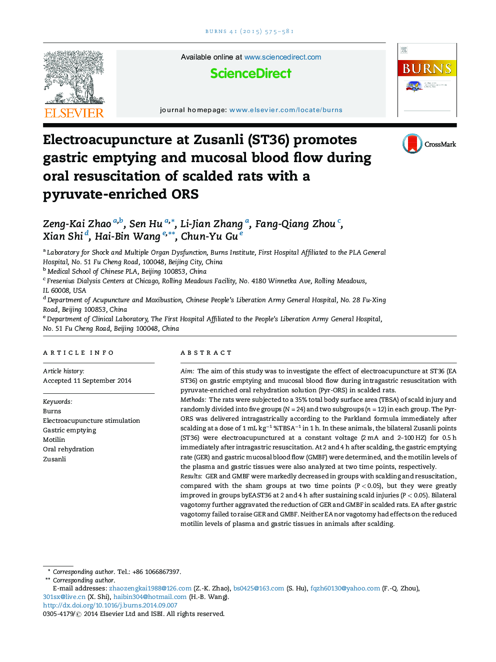 Electroacupuncture at Zusanli (ST36) promotes gastric emptying and mucosal blood flow during oral resuscitation of scalded rats with a pyruvate-enriched ORS