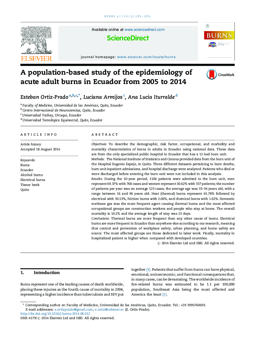 مطالعه مبتنی بر جمعیت اپیدمیولوژی از سوختگی های حاد بزرگسالان در اکوادور از سال 2005 تا 2014
