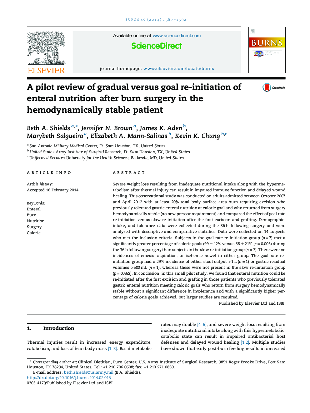 A pilot review of gradual versus goal re-initiation of enteral nutrition after burn surgery in the hemodynamically stable patient