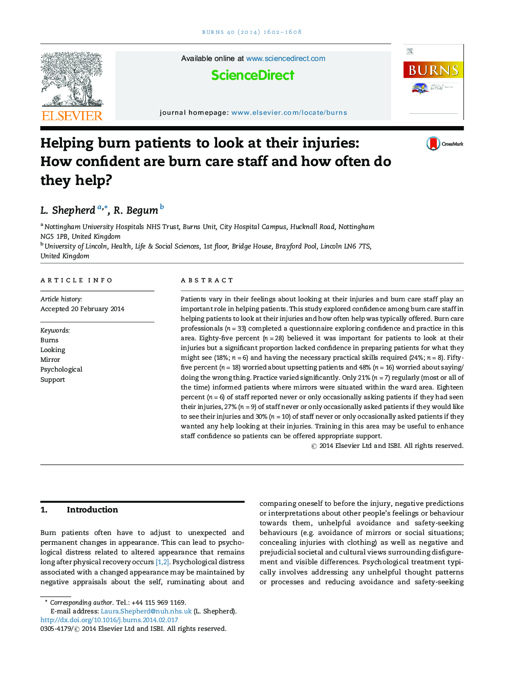 Helping burn patients to look at their injuries: How confident are burn care staff and how often do they help?