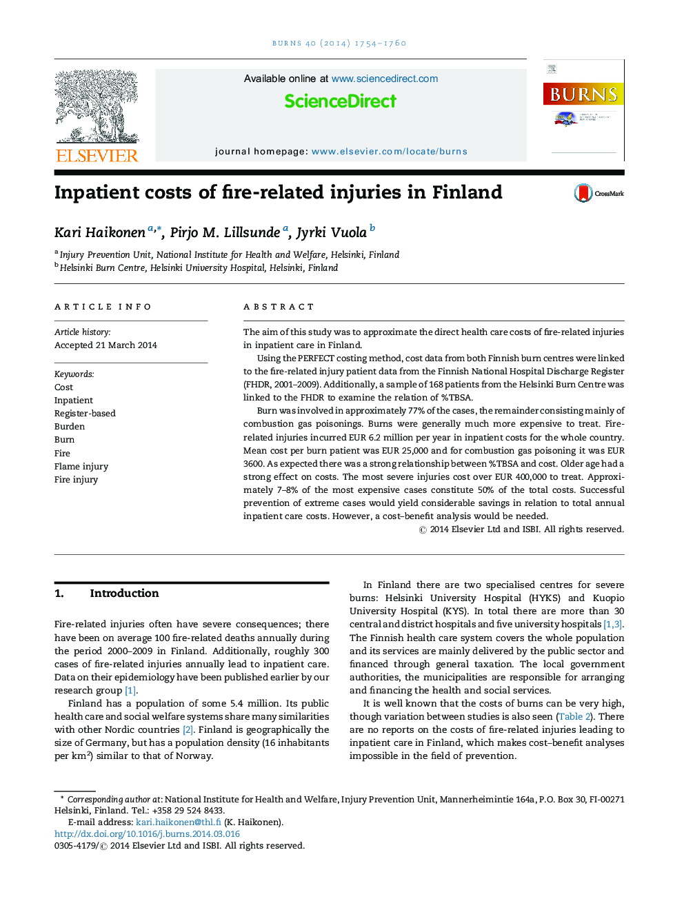 Inpatient costs of fire-related injuries in Finland