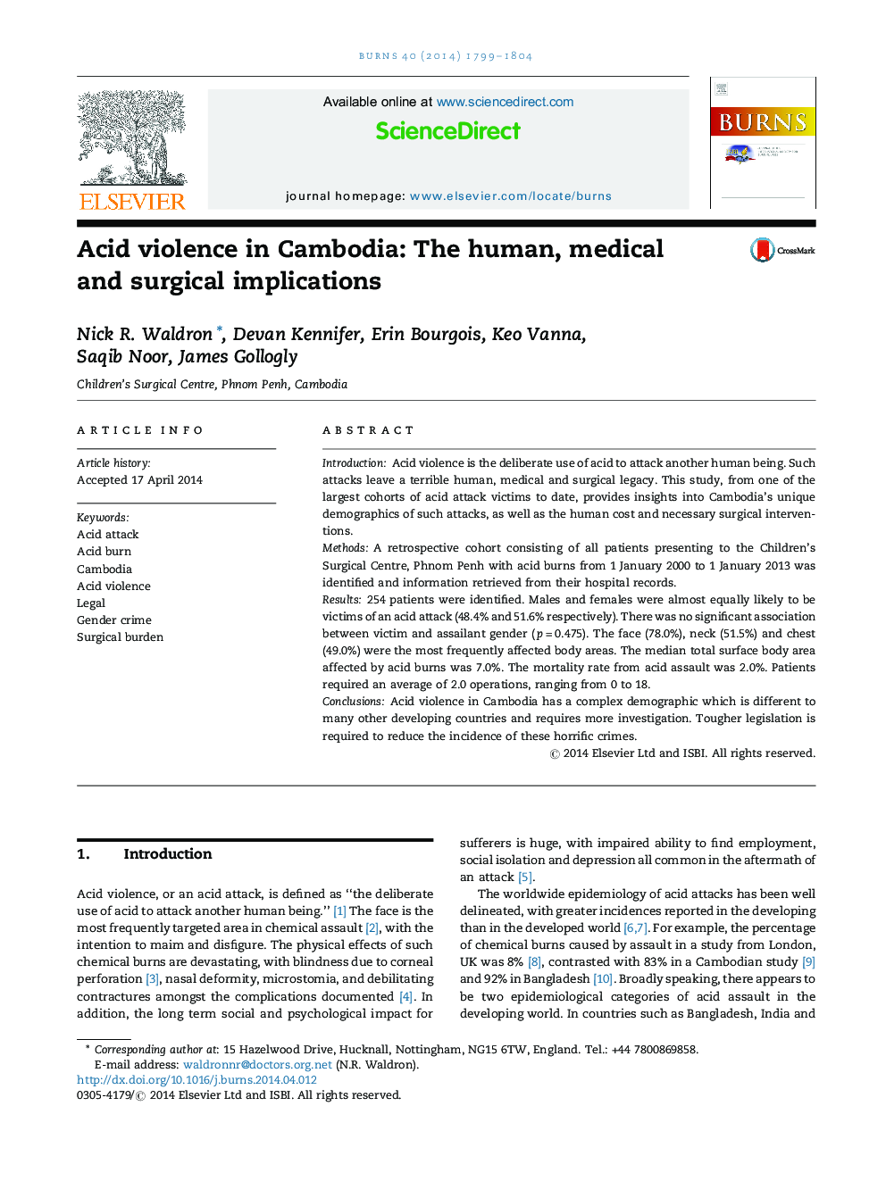 Acid violence in Cambodia: The human, medical and surgical implications