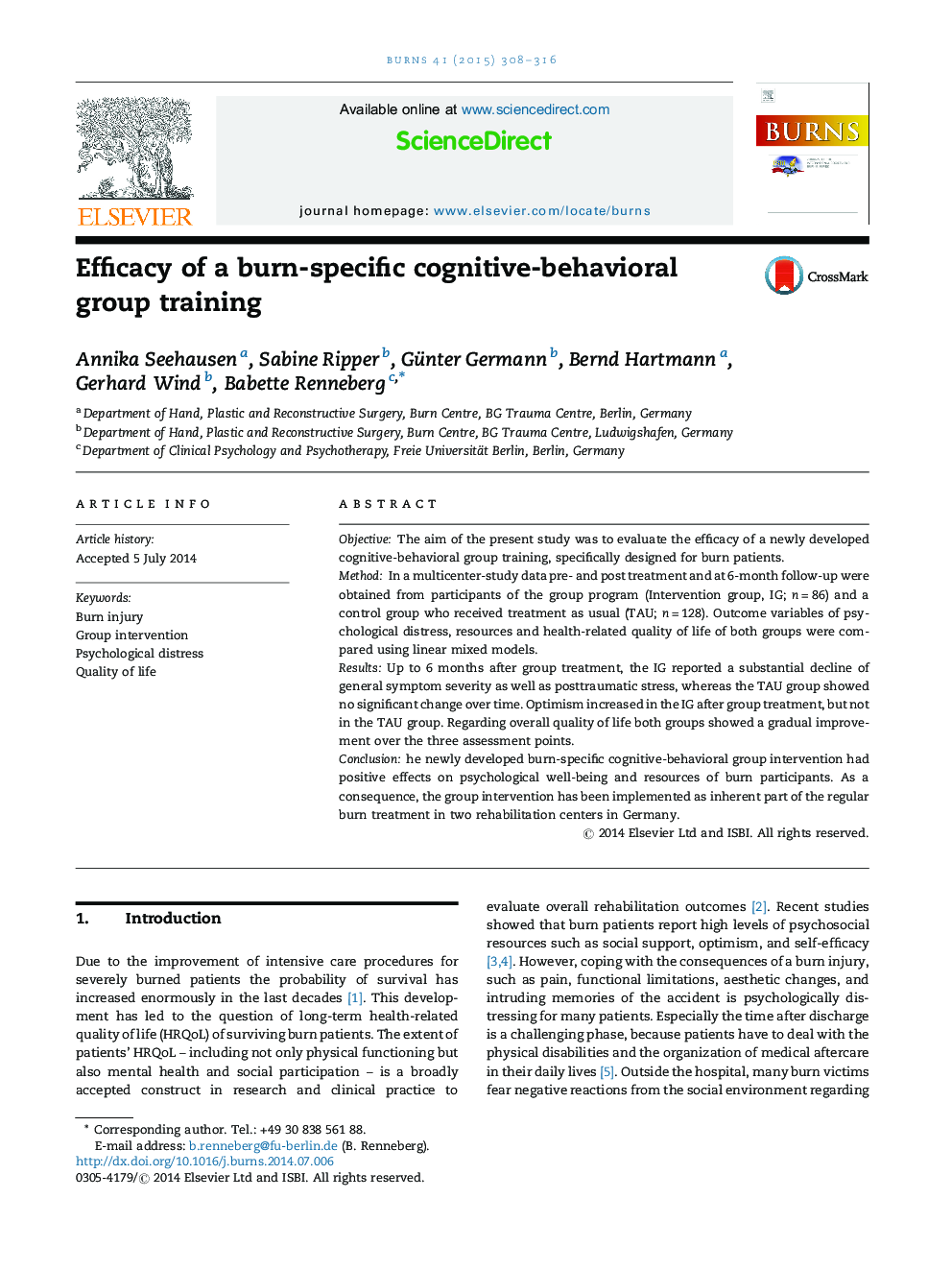 Efficacy of a burn-specific cognitive-behavioral group training