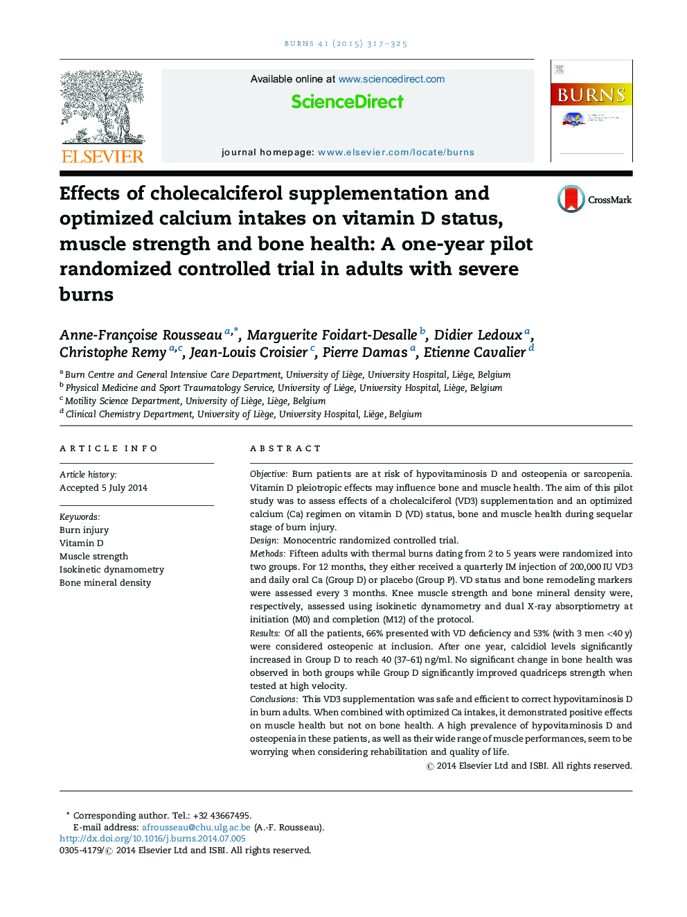 Effects of cholecalciferol supplementation and optimized calcium intakes on vitamin D status, muscle strength and bone health: A one-year pilot randomized controlled trial in adults with severe burns