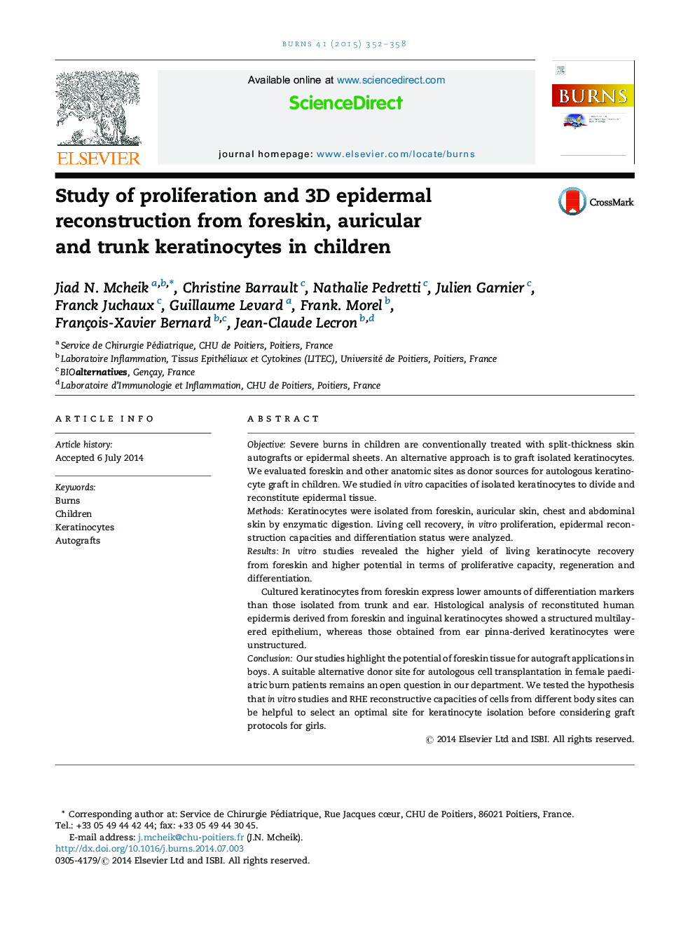 Study of proliferation and 3D epidermal reconstruction from foreskin, auricular and trunk keratinocytes in children