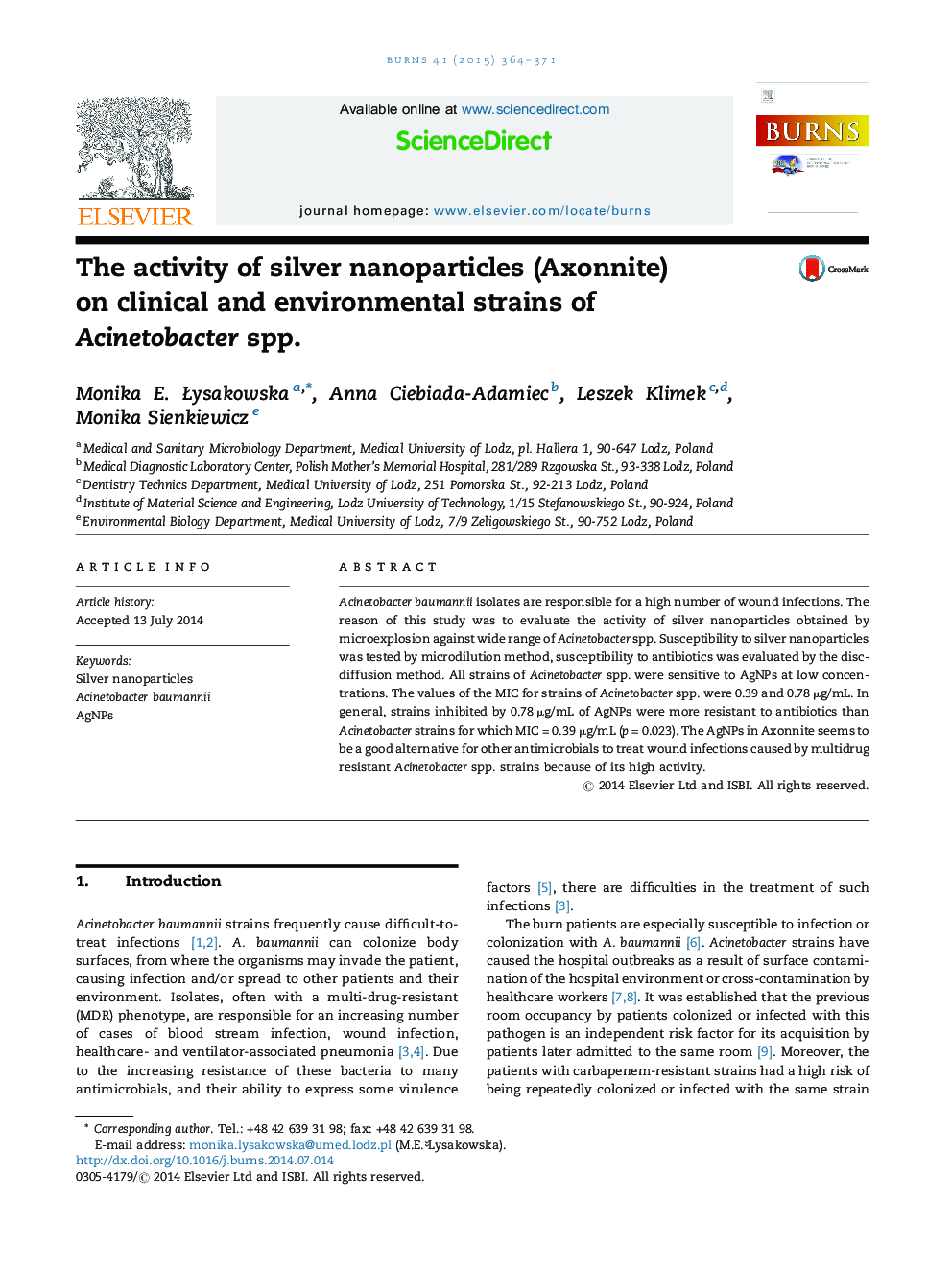 The activity of silver nanoparticles (Axonnite) on clinical and environmental strains of Acinetobacter spp.