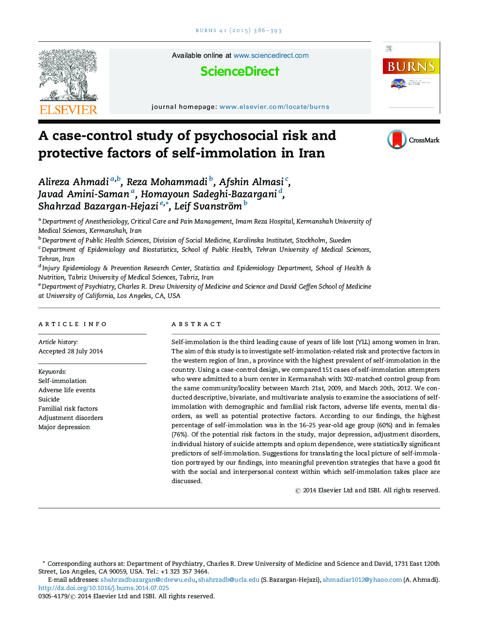 A case-control study of psychosocial risk and protective factors of self-immolation in Iran