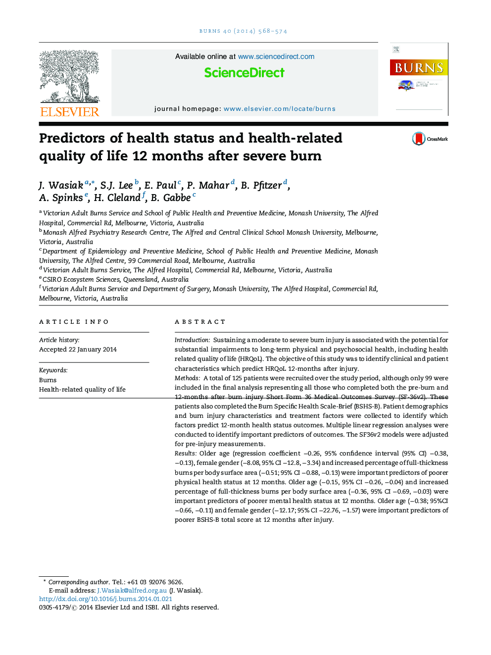 Predictors of health status and health-related quality of life 12 months after severe burn