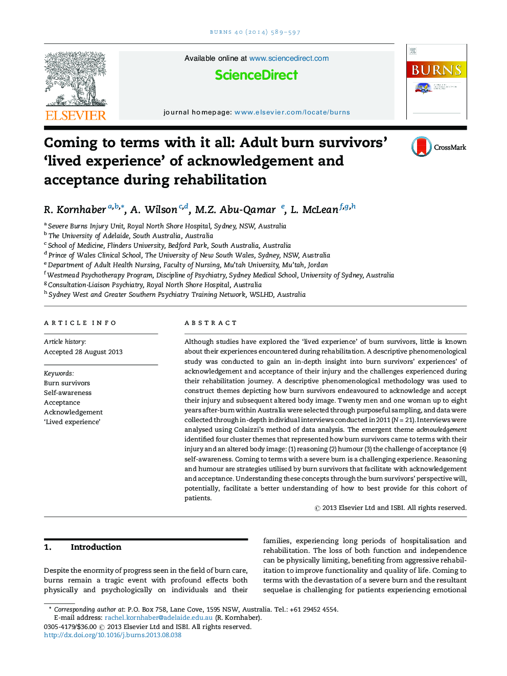 Coming to terms with it all: Adult burn survivors’ ‘lived experience’ of acknowledgement and acceptance during rehabilitation